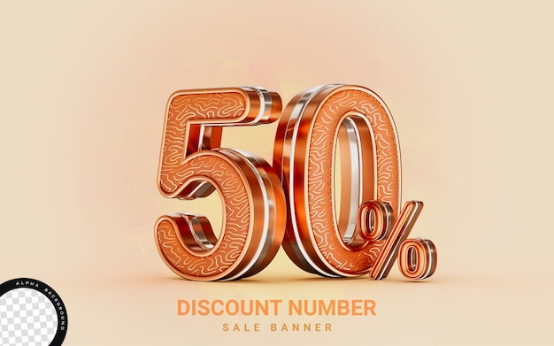 PSD 50 percent discount sale banner gold effect 3d render concept for shopping marketing cash back offer