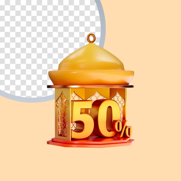 라마단 또는 Eid 할인 판매 제안을 위한 이슬람 랜턴 3d 렌더링 개념 내부의 50% 아이콘
