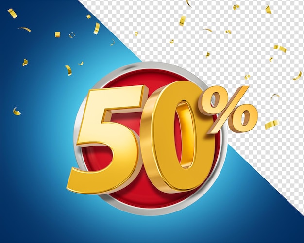 50 percento di sconto sconto 3d simbolo di vendita d'oro con coriandoli vendita banner e poster 3d illustrazione