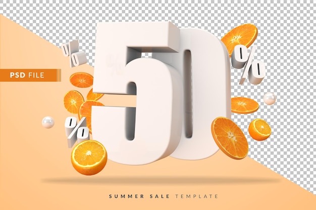 3d 렌더링에서 잘라 오렌지와 50 % 여름 판매 개념