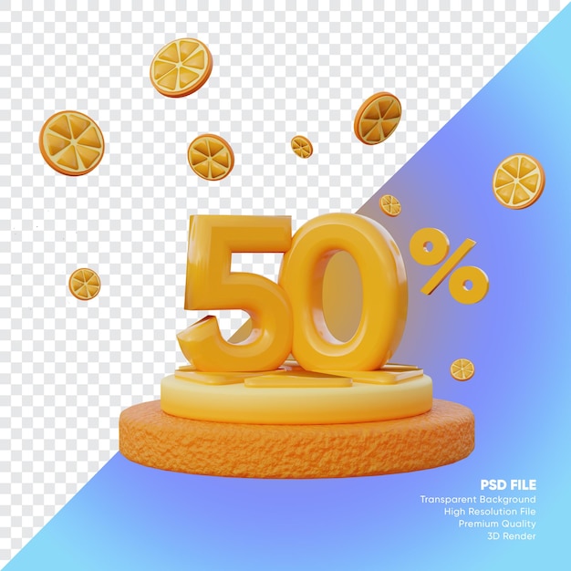 50-процентная летняя распродажа с ломтиком оранжевого подиума 3d визуализации
