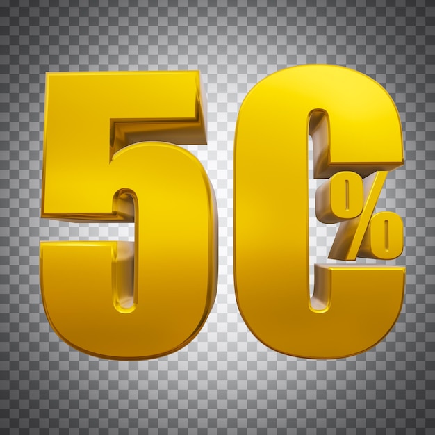 50 percentage gold number in 3d rendering with transparent background