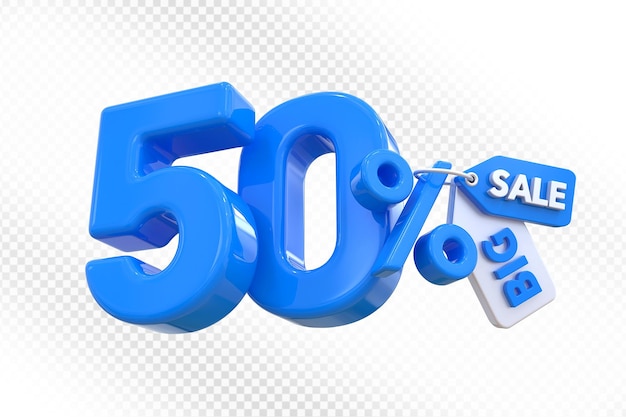 50 procent korting op blauw met grote verkoop tag 3D render