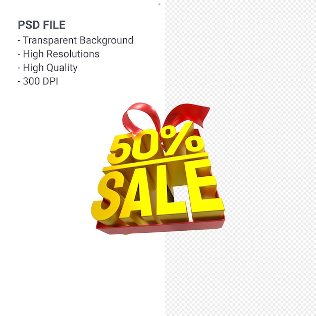 50% sale with bow and ribbon 3d design isolated