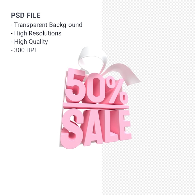 50% sale with bow and ribbon 3d design isolated