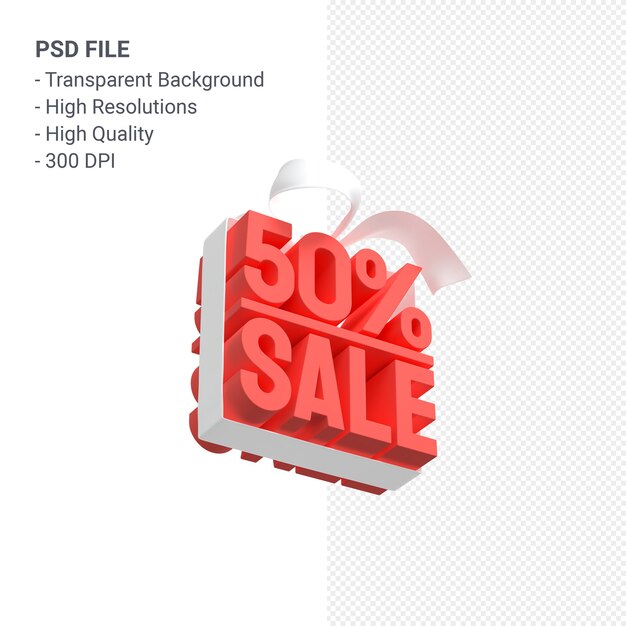 50% sprzedaży z kokardą i wstążką na białym tle