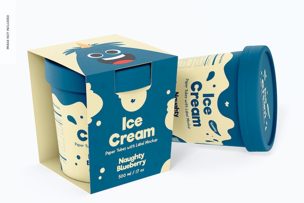 500 ml ice cream paper tub with label mockup, standing and dropped