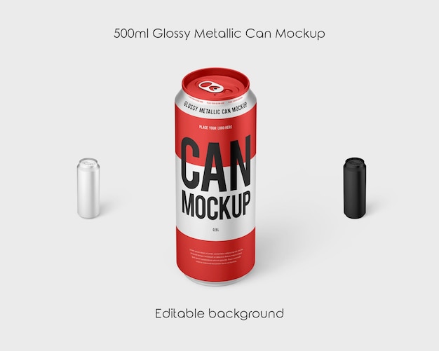 500ml glossy metallic can mockup