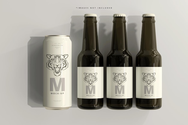 Lattina di birra o soda elegante da 500 ml con bottiglia mockup