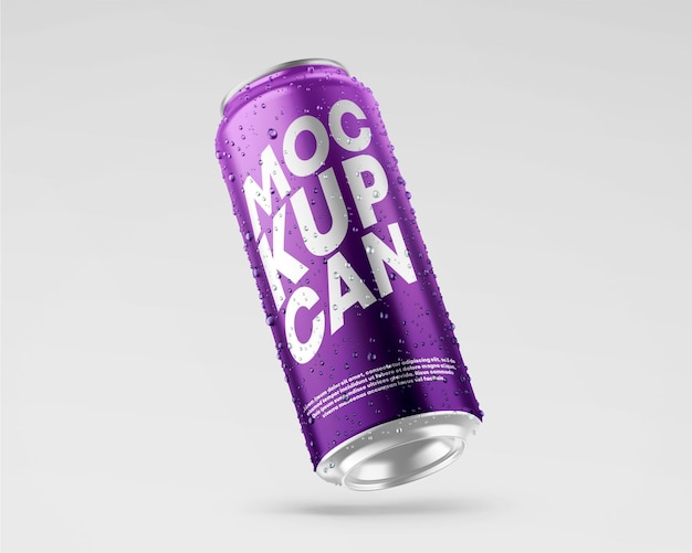 PSD 500ml soda can mockup with water drops