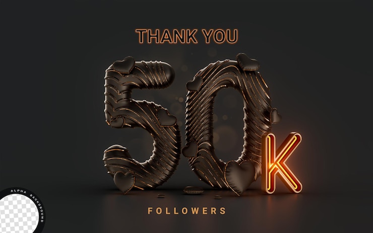 PSD 50k follower celebration banner on dark background with neon glow lighting 3d render concept