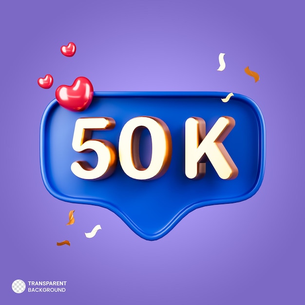 PSD 50k followers celebration with speech bubble icon isolated