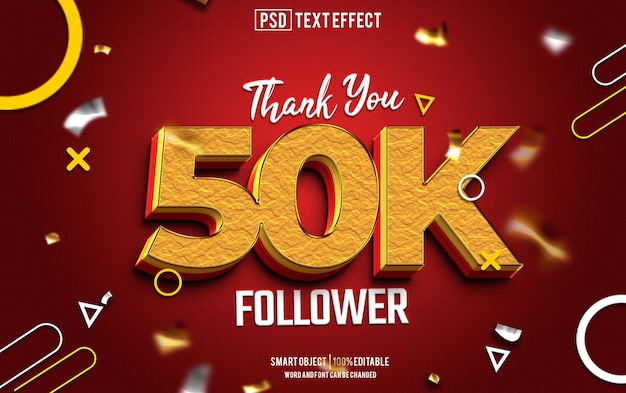 PSD 50k volgers tekst effect lettertype bewerkbare typografie 3d tekst