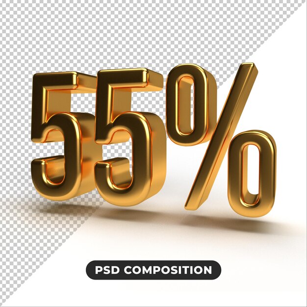 55 3d render 55  percent off gold isolated white background