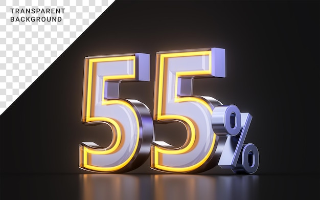 55 percent discount offer icon with metal neon glowing light on dark background 3d illustration