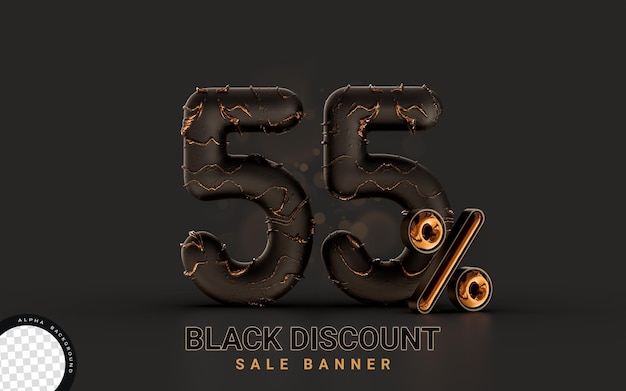 PSD 55 percent discount sale banner gold effect on dark background 3d render concept for black friday