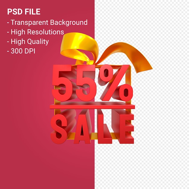 55 percentage sale with bow and ribbon 3d design isolated