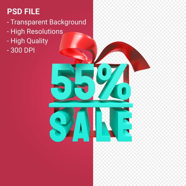 PSD 55 percentage sale with bow and ribbon 3d design isolated