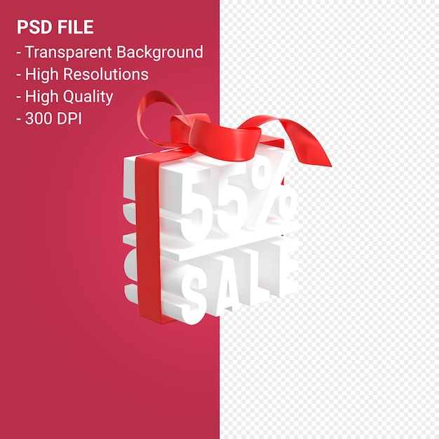 55 sale with bow and ribbon 3d design on isolated background