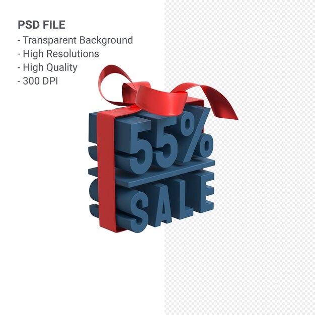 55% sale with bow and ribbon 3d design isolated