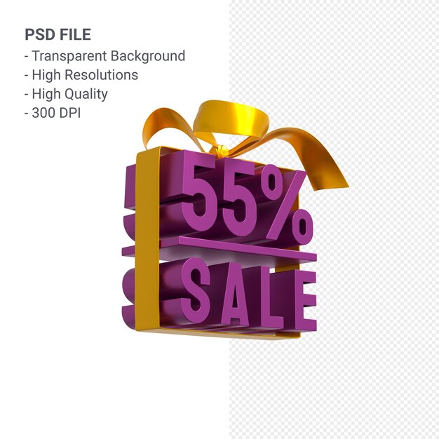 55% sale with bow and ribbon 3d design isolated