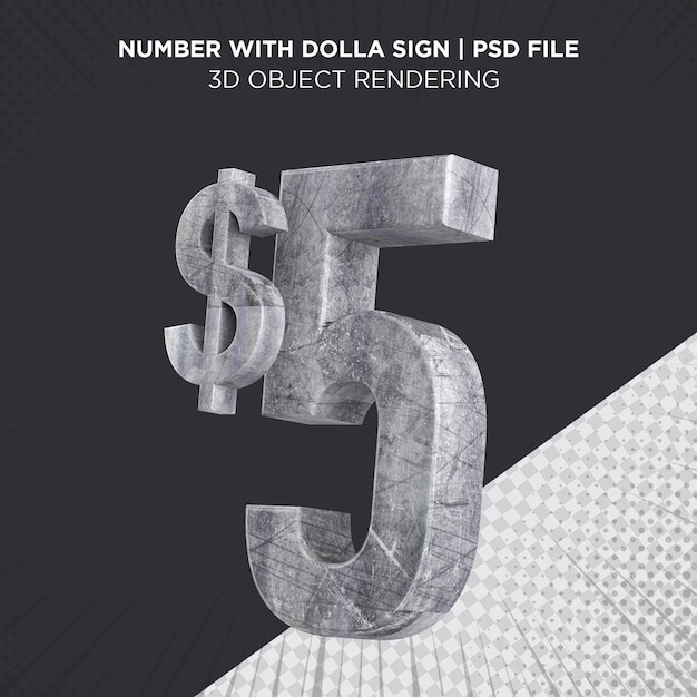 5Dollar Number five dollar USD Sign Metal 3d Rendering