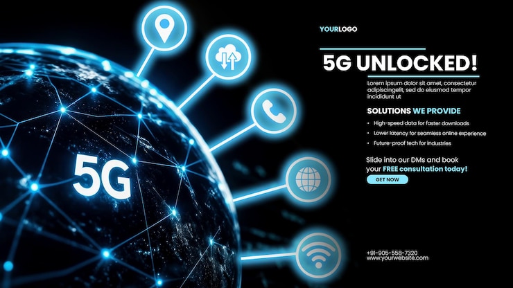 PSD 5g biznes 5g niezawodność szablon baner z cyfrową siecią pokazującą ziemię z ikonami 5g symbolizującymi globalną łączność internetową