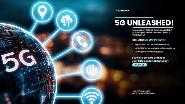 PSD 5g towers 5g expansion banner template with a digital globe with 5g text against a blurred background