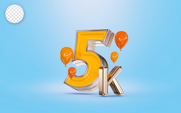 5k volgers vieren sociale media banner met oranje ballon blauwe achtergrond 3d render concept