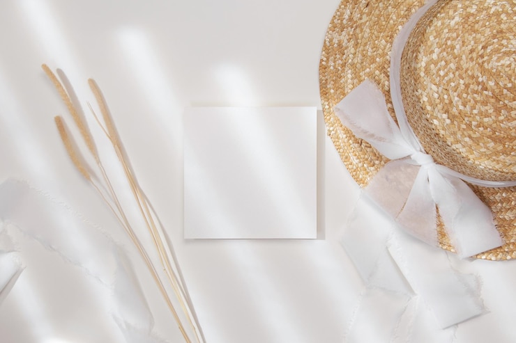 PSD 5x5 card mockup with straw hat on white background