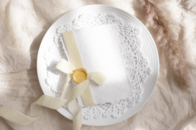 5x7 menu card mockup on white plate on beige background