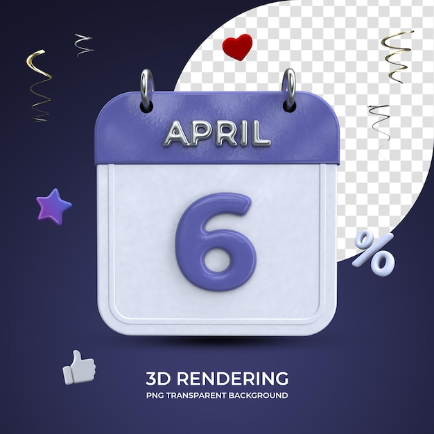 6 april kalender 3d-rendering geïsoleerde transparante achtergrond