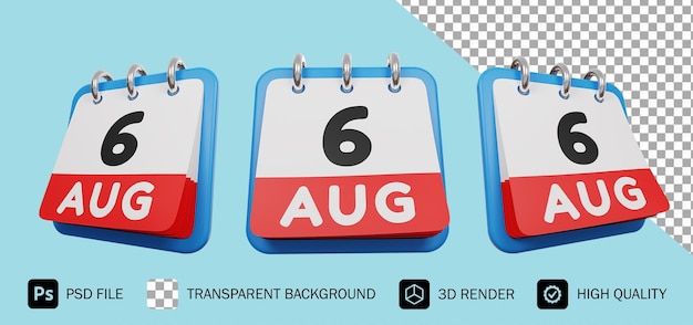 6 august day calendar 3d render premium psd
