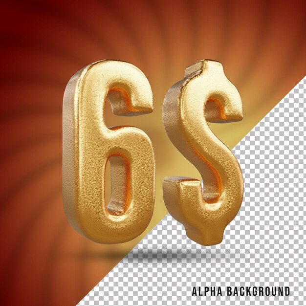 PSD 6 dollar 3d number gold text effect