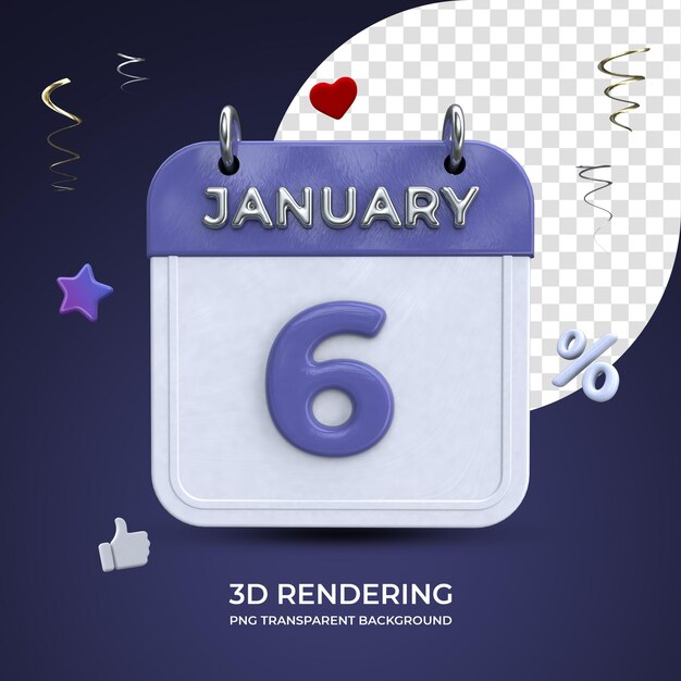 1월 6일 달력 3d 렌더링