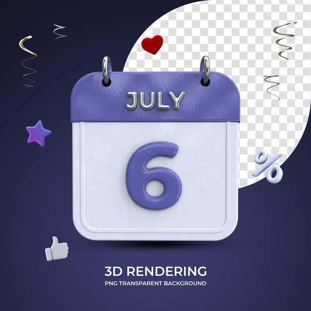 6 july calendar 3d rendering isolated transparent background