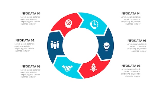 6 seçenek, parça, adım veya süreç içeren sunumlar için döngü okları infografik şablonu