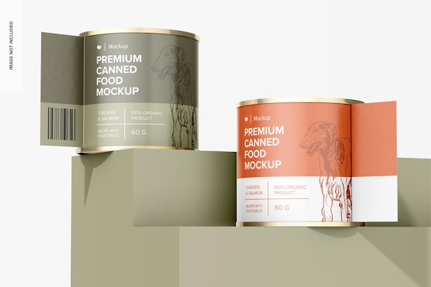 60 g food cans with label mockup on podiums