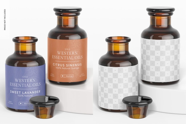 PSD 60 ml amber glass bottle mockup, on podium