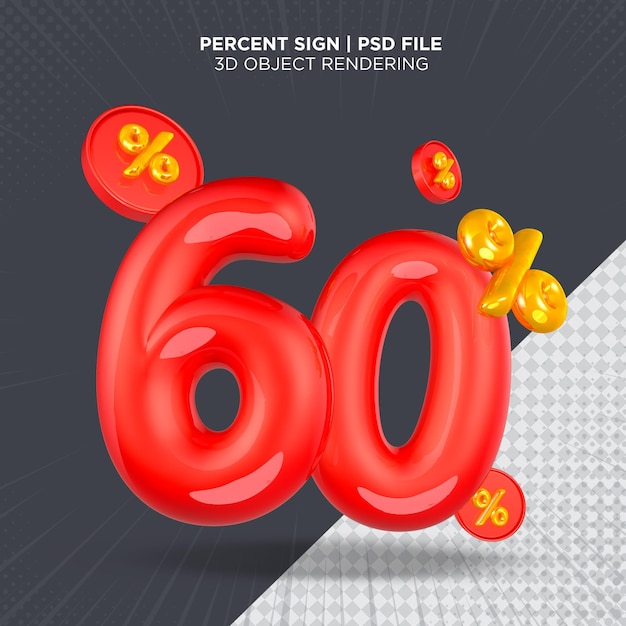 PSD 60 percent sign 3d rendering isolated