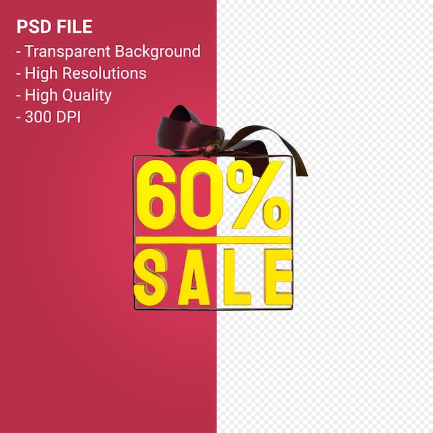 PSD 60 percentage sale with bow and ribbon 3d design isolated