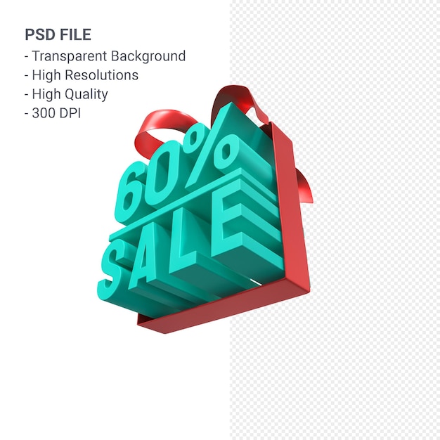 PSD 60 percentage sale with bow and ribbon 3d design isolated