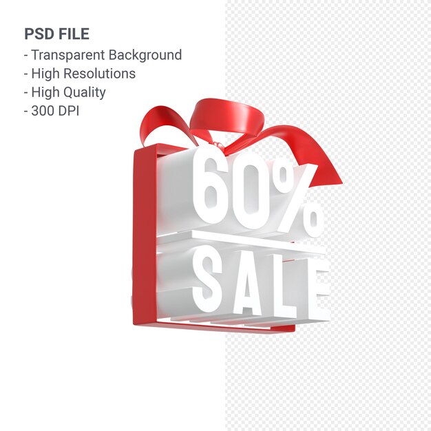 PSD 60% sale with bow and ribbon 3d design isolated