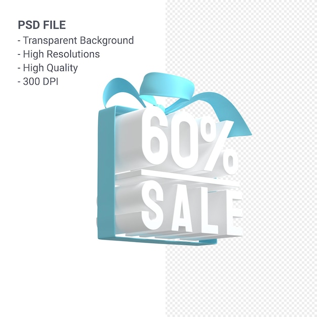 PSD 60% sale with bow and ribbon 3d design isolated