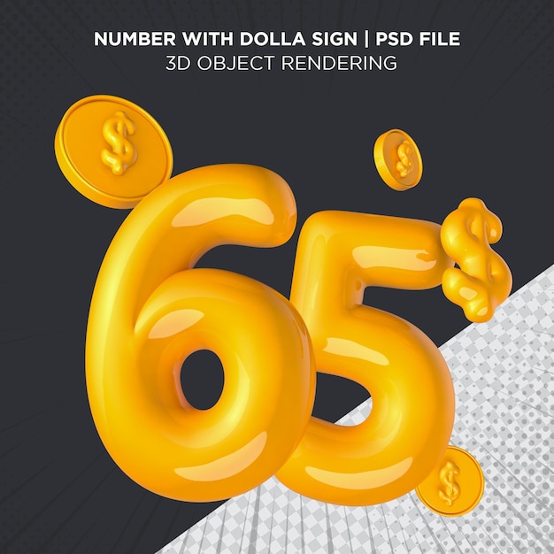 65 dollar number sixtyfive dollar usd sign yellow 3d rendering