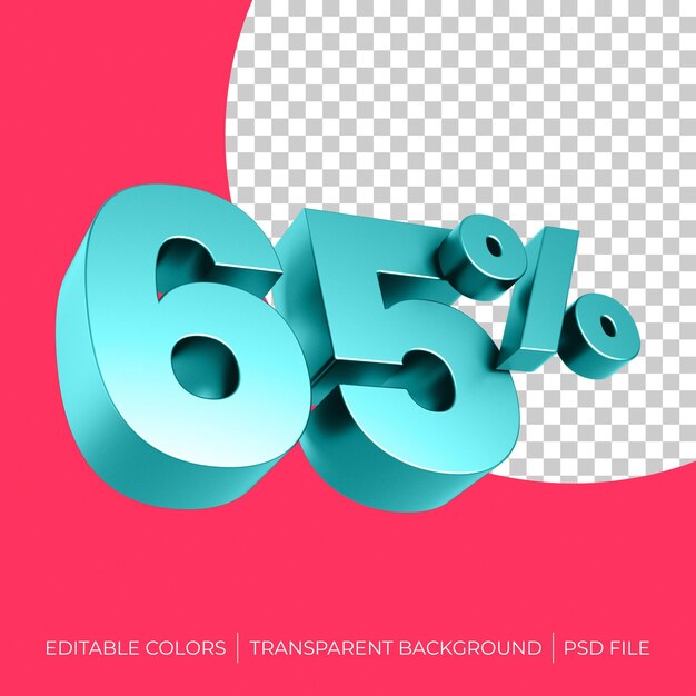 65 percento 3d reso blu verde su sfondo rosso e trasparente con file psd di colori modificabili