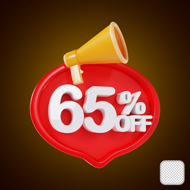 65 Percent Off Sale with Megaphone Discount 3d illustration