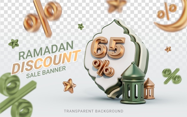 PSD 65-процентная скидка на этикетку рамадан и ид большая распродажа предлагает дизайн шаблона баннера 3d рендеринг