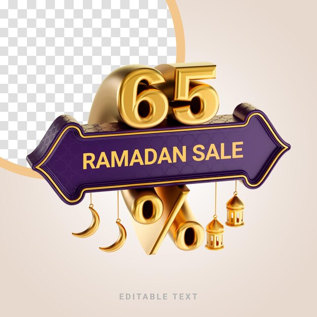 PSD 65 procent korting ramadan en eid verkoop banner label badge met gouden maan en lantaarn 3d render