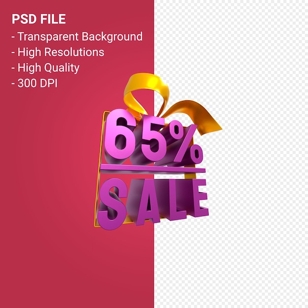 65% sale with bow and ribbon 3d design on isolated background